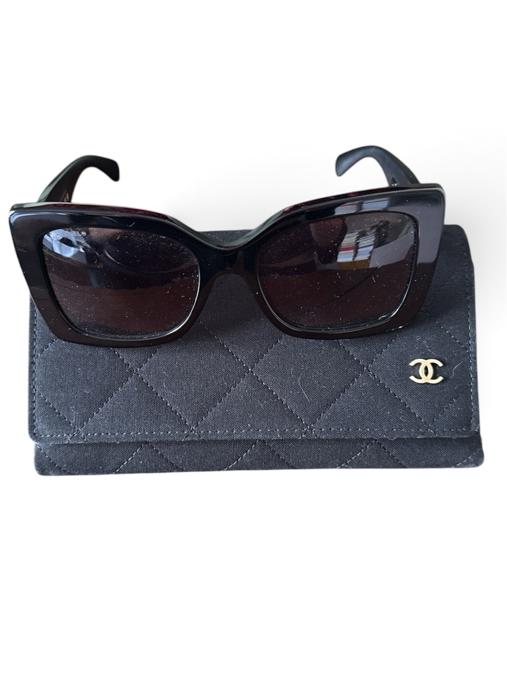 CHANEL Black Oversized Square Sunglasses with Quilted Logo Case